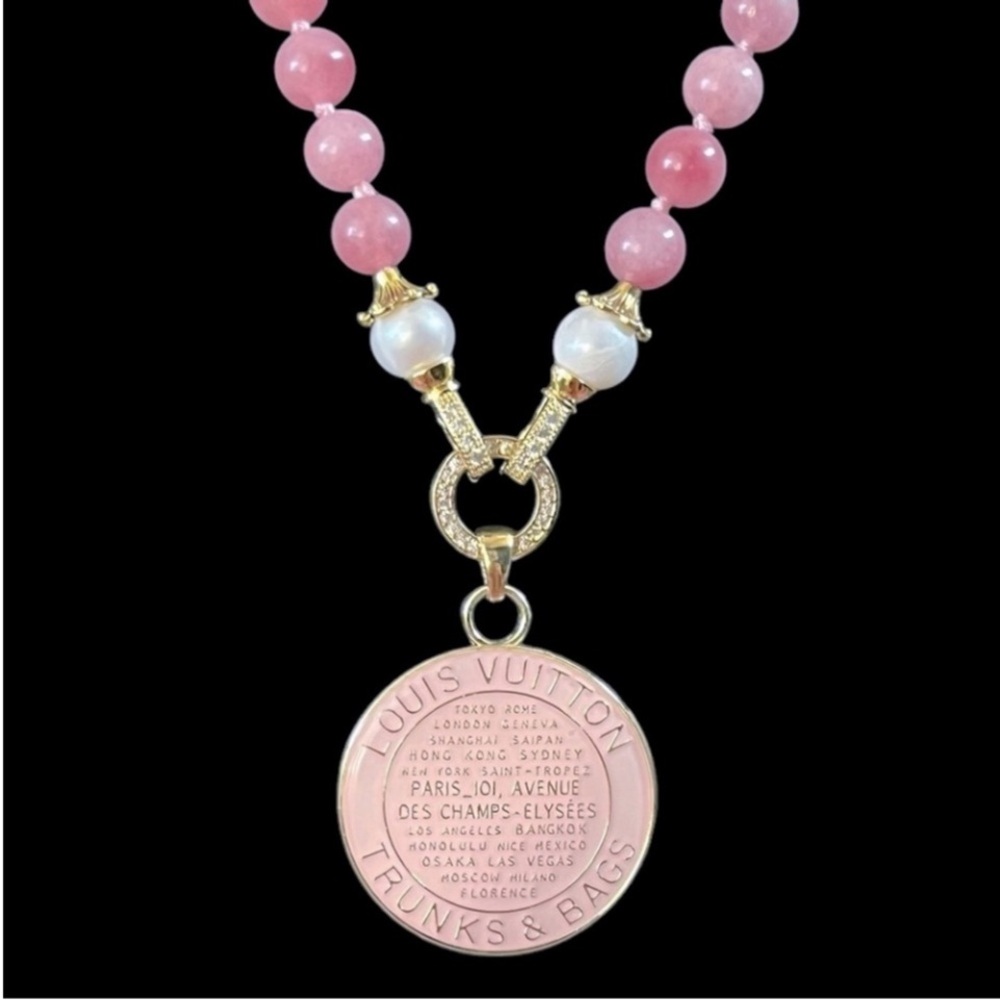 Authentic Louis Vuitton Pink Trunk & Bags Natural Gems Necklace